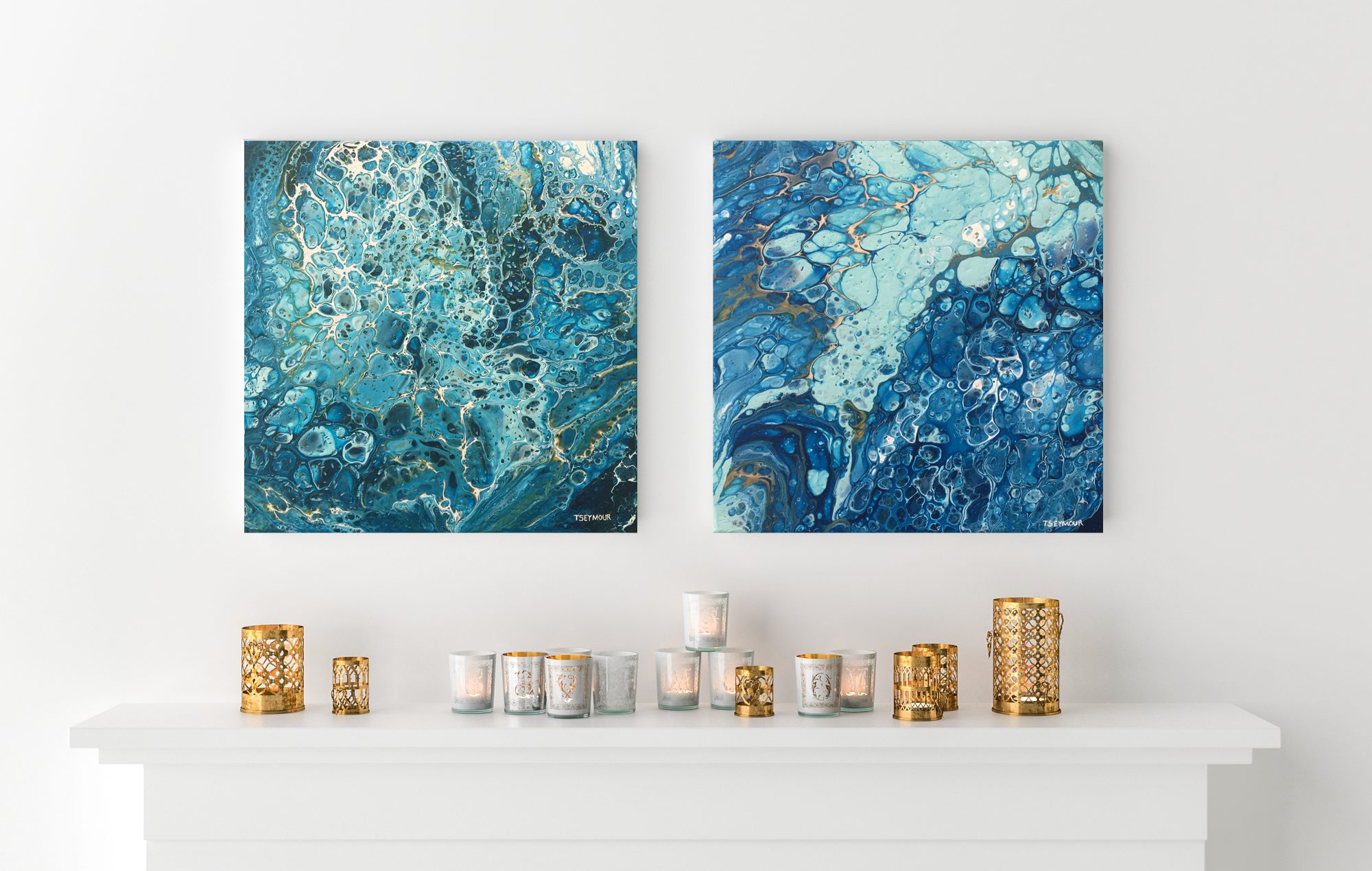 Two blank picture frame with candles on fireplace – 3D render