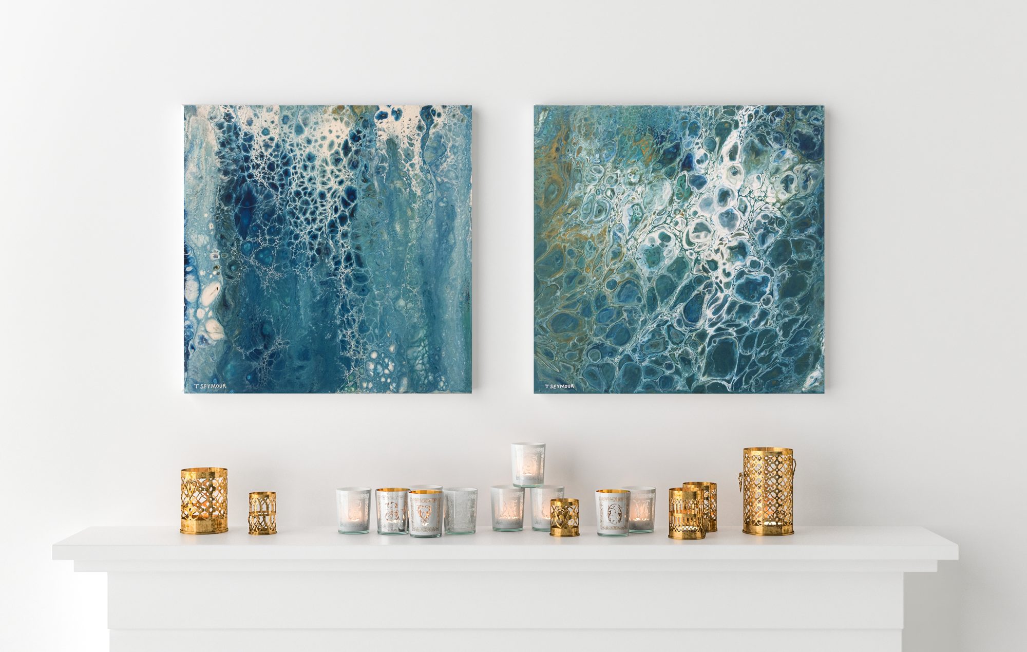 Two blank picture frame with candles on fireplace – 3D render