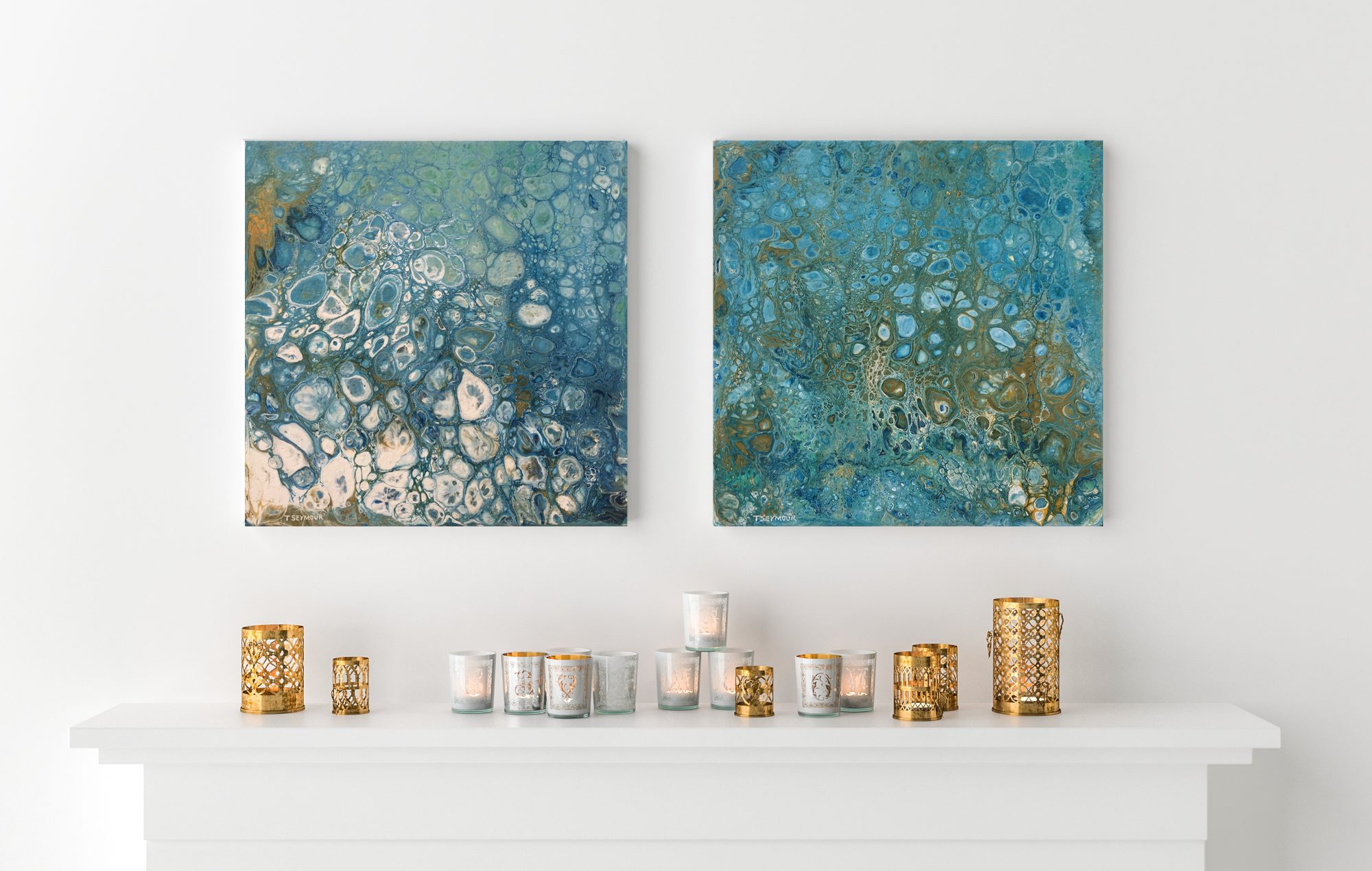 Two blank picture frame with candles on fireplace – 3D render