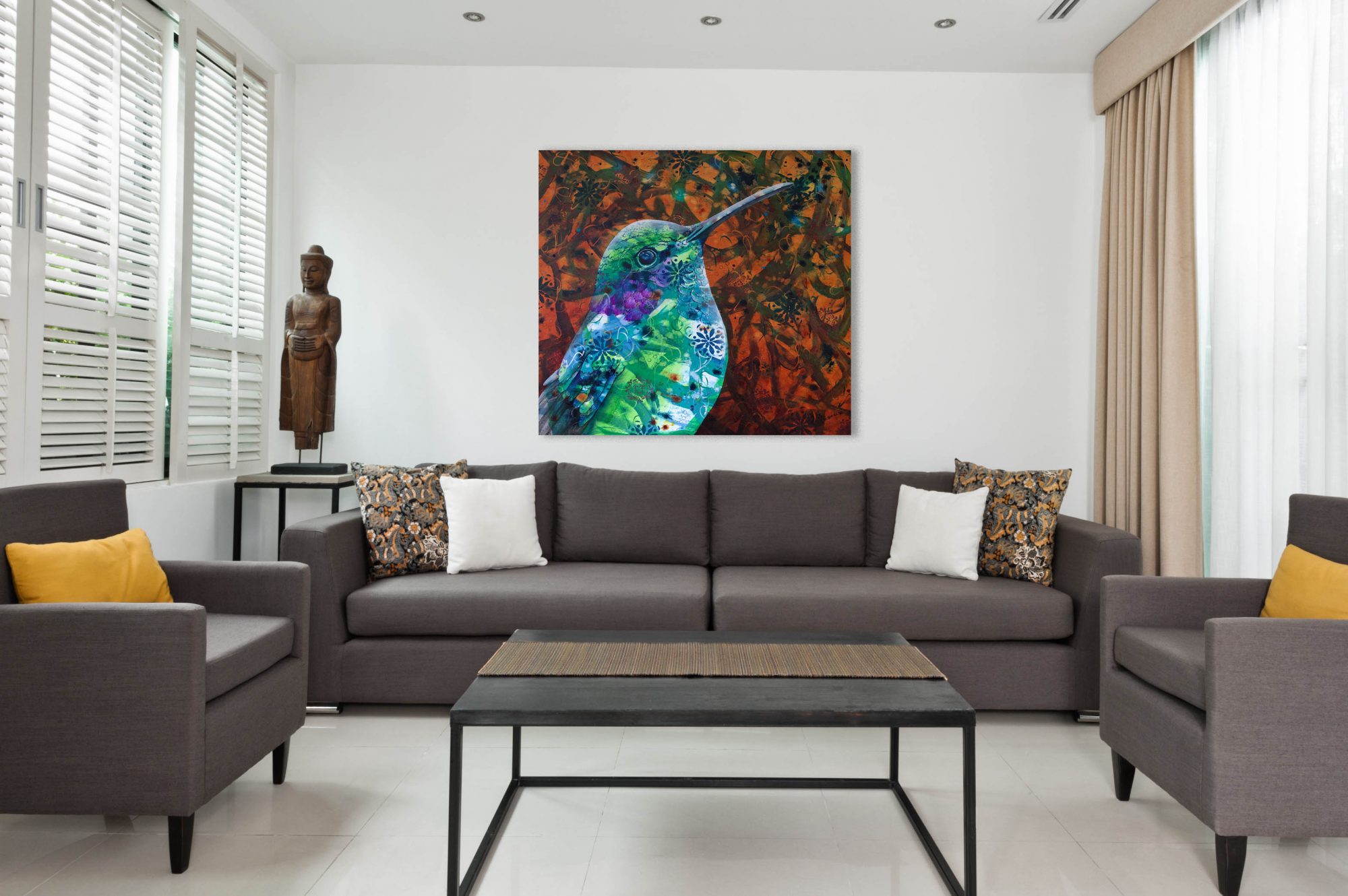 Bright Living room with grey sofa