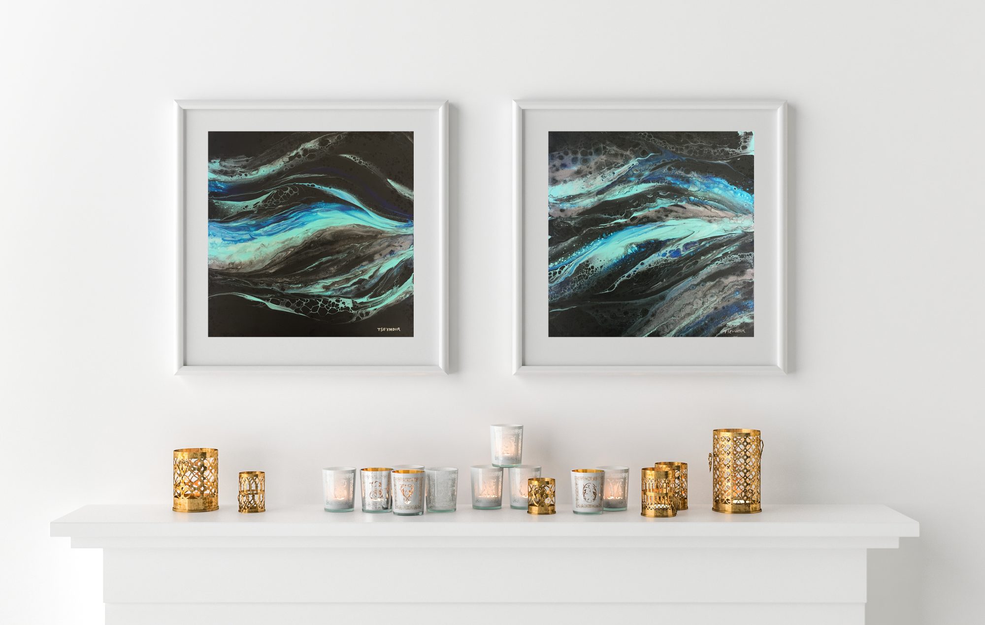 Two blank picture frame with candles on fireplace – 3D render