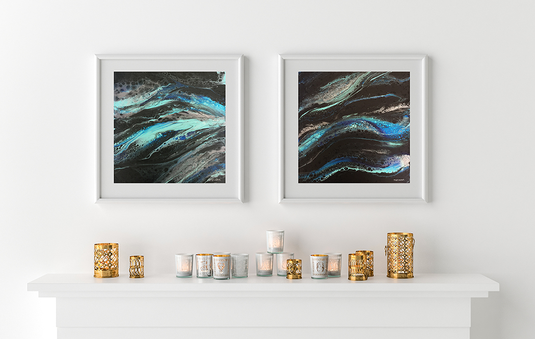 Two blank picture frame with candles on fireplace – 3D render