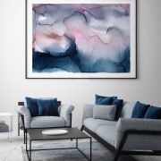 mock up poster frame in hipster interior background with indigo velvet details, scandinavian style, 3D render