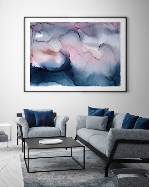 mock up poster frame in hipster interior background with indigo velvet details, scandinavian style, 3D render