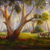 Misty morning grazing under gum tree oil painting Chris Vidal b