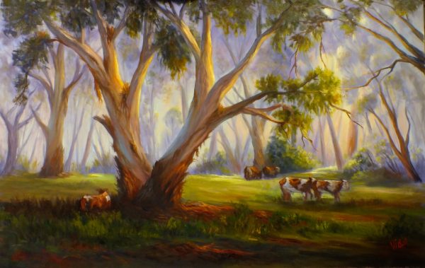 Misty morning grazing under gum tree oil painting Chris Vidal b