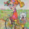 Driving Miss Daisy By Teresa Mundt Colourful Colorful Girl Dog Puppy Bike Bicycle Landscape Painting