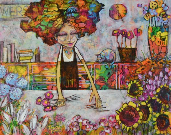 Florist's Apprentice By Teresa Mundt Colourful Colorful Abstract Floral Florist Cat Flower Painting
