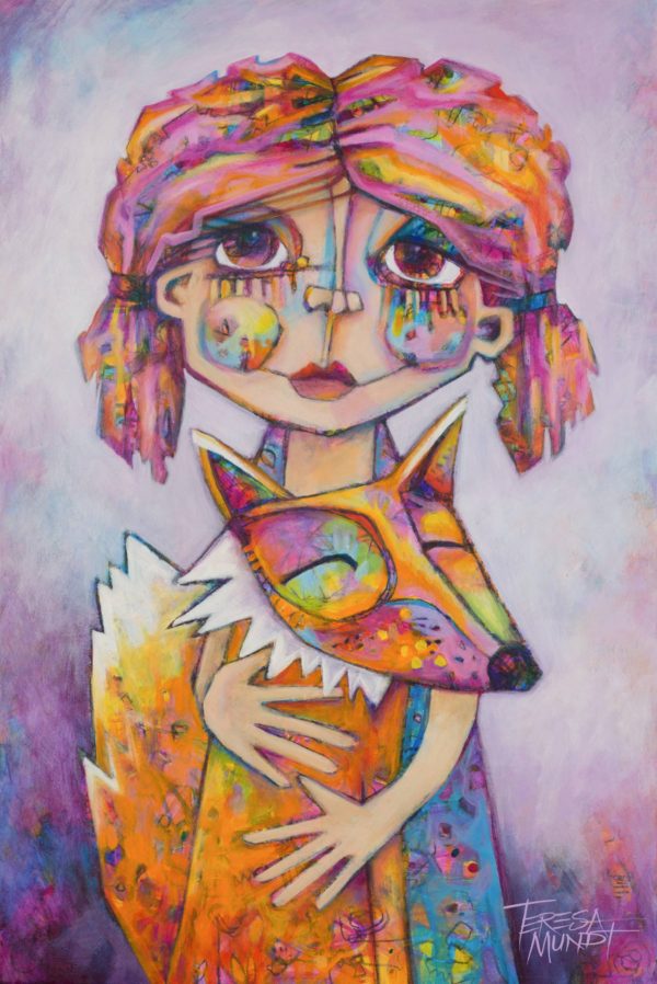 Fox & Child By Teresa Mundt Colourful Girl Cartoon Art Acrylic Painting