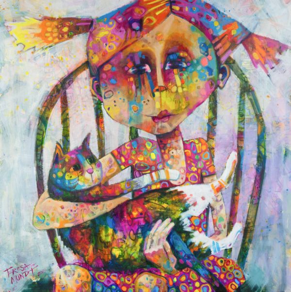 Freckled Friends By Teresa Mundt Colourful Colorful Girl Cat Chair Contemporary Painting