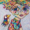 Hitching A Ride By Teresa Mundt Colorful Colourful Bird Girl Lady Quirky Contemporary Art Painting