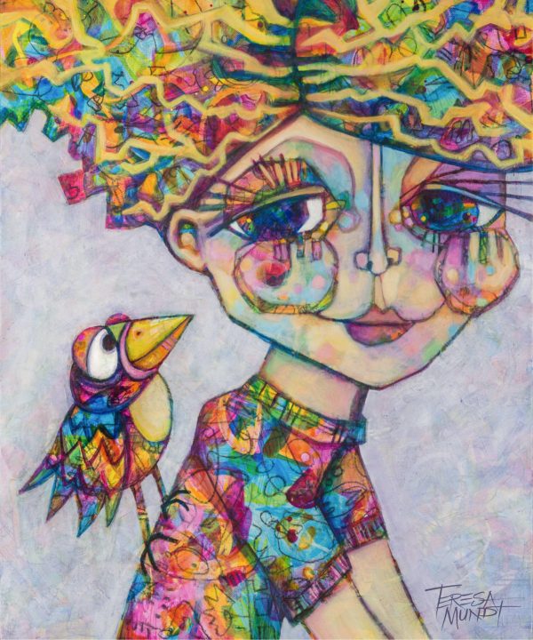 Hitching A Ride By Teresa Mundt Colorful Colourful Bird Girl Lady Quirky Contemporary Art Painting