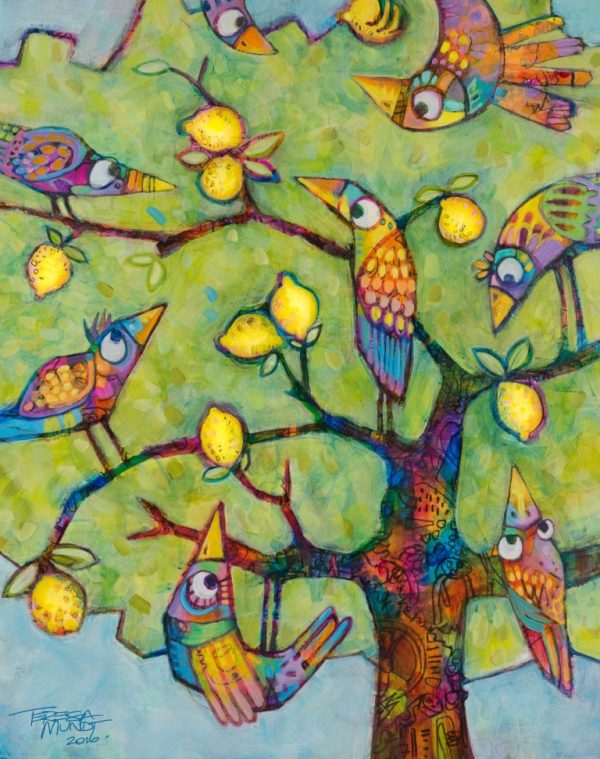 Lemon Lovers by Teresa Mundt_colourful_colorful_abstract_bird_tree_contemporary_cartoon_art_painting