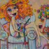 On the Blower by Teresa Mundt_colourful_colorful_lady_woman_girl_cat_wine_cartoon_contemporary_art_painting