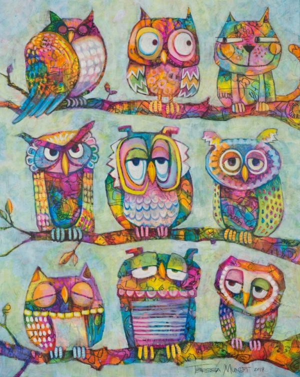 Owls & The Pussycat by Teresa Mundt_colourful_colorful_owl_cat_bird_tree_funny_cartoon_contemporary_art_painting