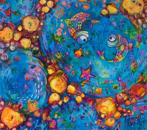 Rock Pool Rendezvous by Teresa Mundt_colourful_colorful_sea_water_ocean_cartoon_fish_crab_contemporary_art_painting