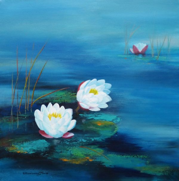 Waterlilies in my pond, Clare Riddington Jones, Acrylic 60cm x 60cm