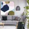 Pink Poster Above Grey Sofa In Living Room Interior With Wooden