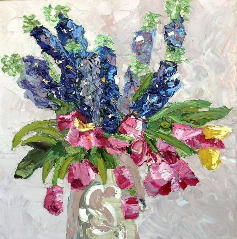 Delphiniums and pink tulips