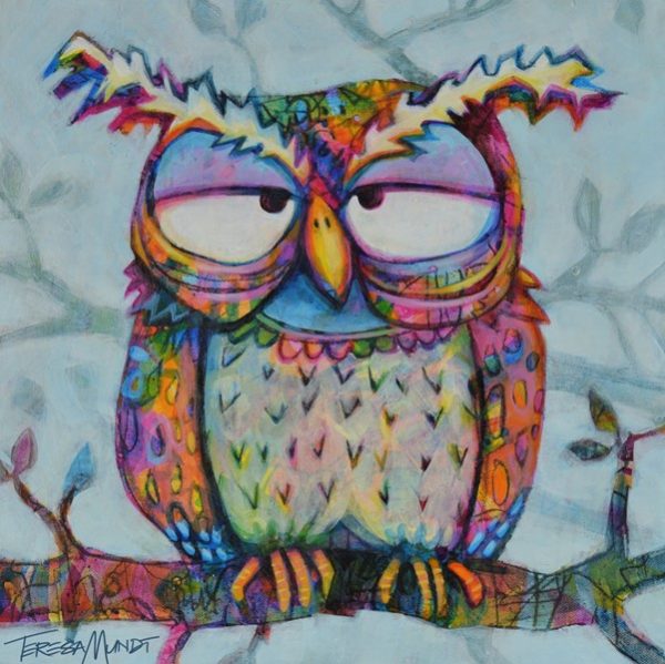 Mondayitis No.1 By Teresa Mundt Colourful Colorful Cartoon Contemporary Bird Owl Tree Art Painting