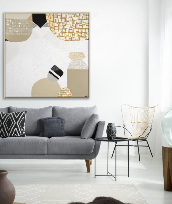 Lamp Above Grey Couch With Pillows In White Living Room Interior