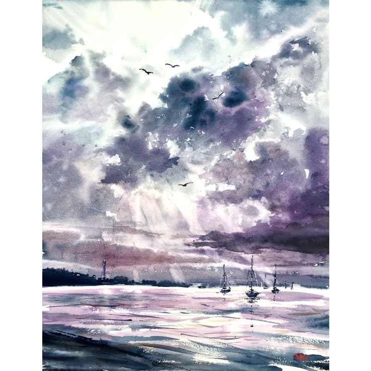 Cloudy seascape – Original watercolour painting