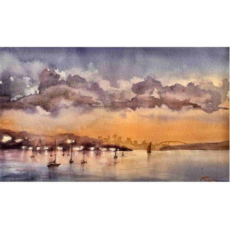 Sunset Sydney Harbour – Original watercolour painting