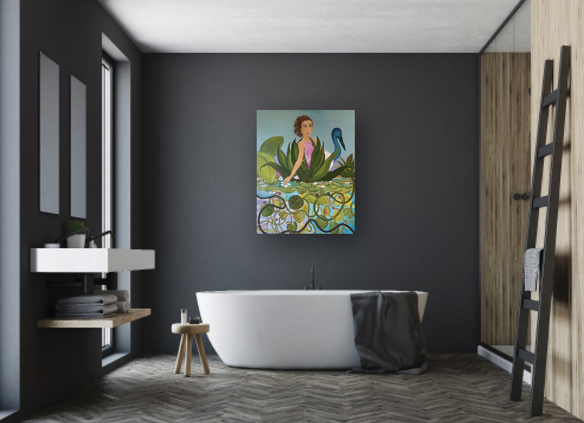 Kim Rees Wading With Jabiru Insitu Bathroom