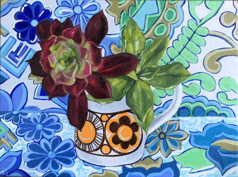 Orange Succulents and the Retro Barkcloth