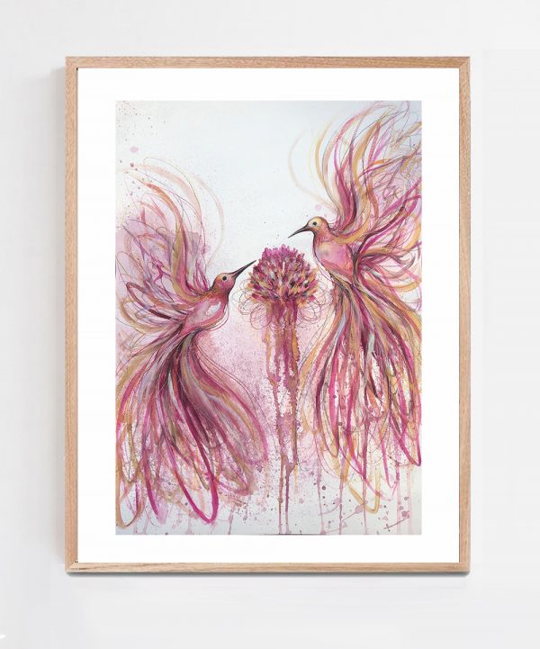 Artist Leni Kae Pink Hummingbird Joy (chrysanthemum Dreaming) Framed Eg Art Painting