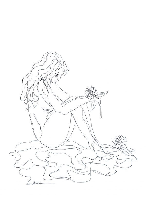 Artist Leni Kae Roses By The Lake Original Line Art Drawing Copyright