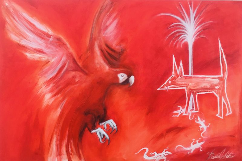 Red Parrot Burning Dog