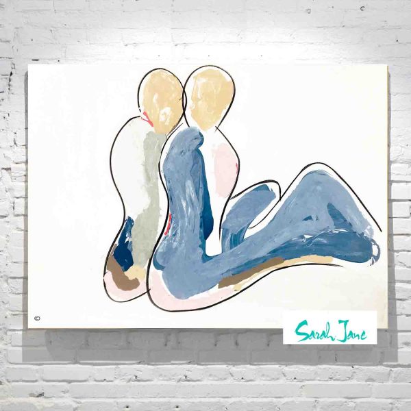 Australian Artist Sarah Jane Modern Abstract Painting Couple Sitting Together Soft Colours Titled Bodyline Ii