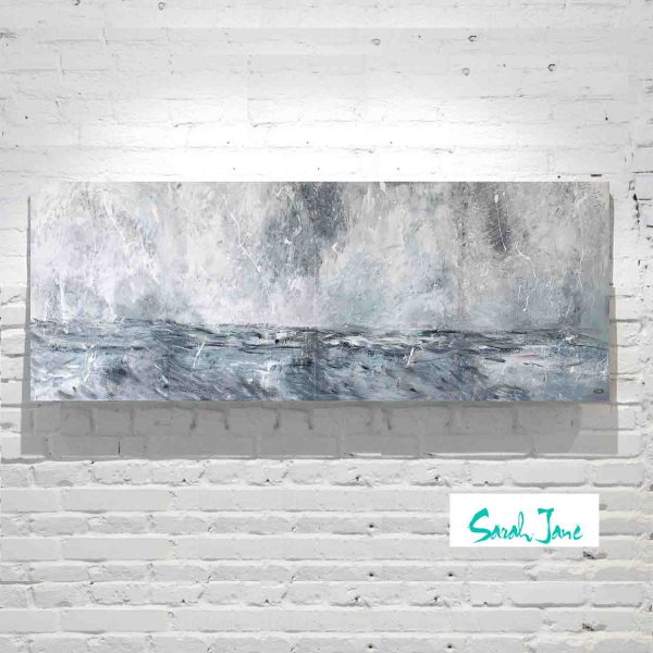 Modern Abstract Artist Sarah Jane Ocean Painting Large Rough Waves Dark Skies Titled Storm