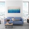 Artist Leni Kae Float With Me Over Treetops Lounge Room Interior Design Blue Teal Framed Abstract Landscape Art