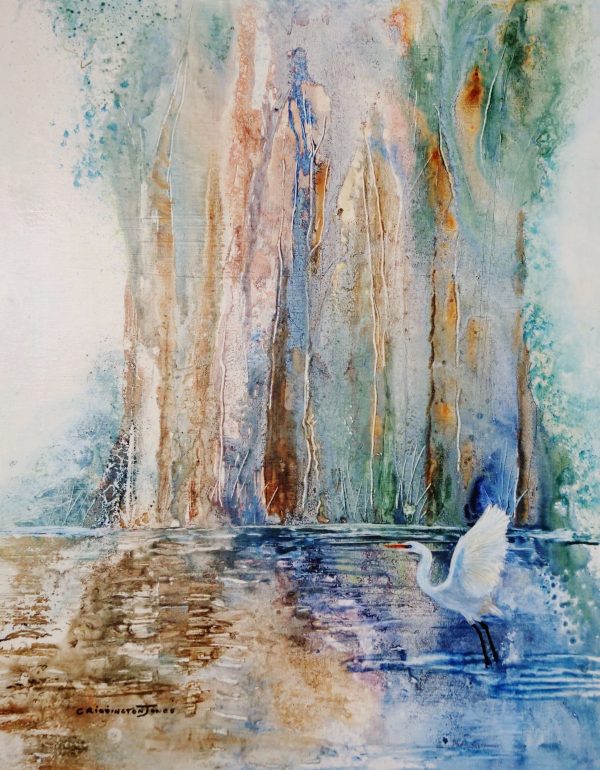 Clare Riddington Jones, Life On The River, Egret, 40cm X 50cm Acrylic On Cradled Timber Board