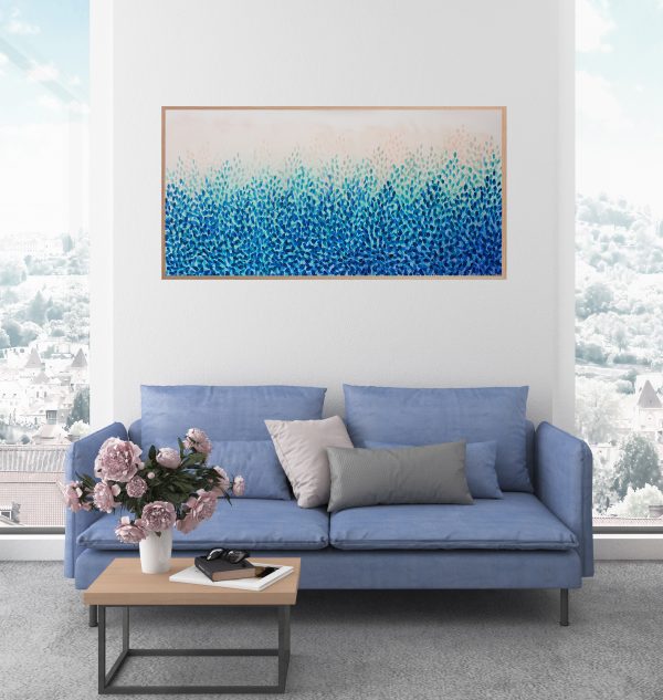 Interior Artist Leni Kae Float With Me Over Treetops Lounge Room Interior Design Blue Teal Framed Abstract Landscape Art