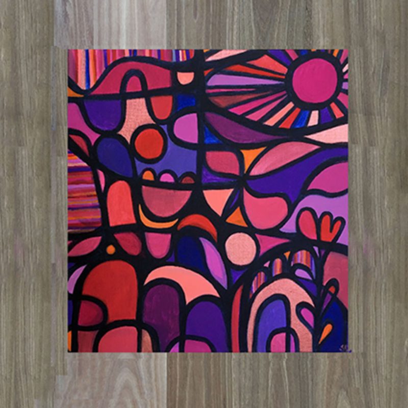 Stained Glass Sunset – Vibrant window view, acrylic on canvas