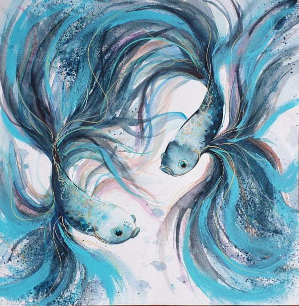 Dance Of The Blue Betta Fish Artist Leni Kae Original Watercolour And Acrylic Art 2