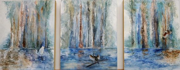 Life On The River, Triptych, Clare Riddington Jones, 1.2 X 50cm, Acrylic On Cradled Timber Board