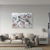 Bright Living Room With A Horizontal Poster Over A Soft Sofa Overlooking The Kitchen. Mockup Poster. Front View.