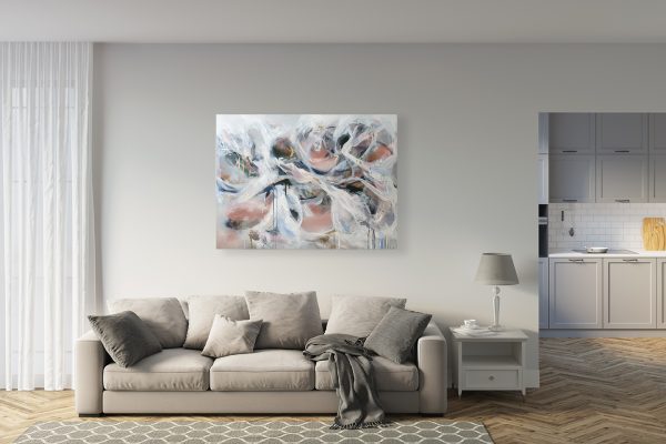 Bright Living Room With A Horizontal Poster Over A Soft Sofa Overlooking The Kitchen. Mockup Poster. Front View.