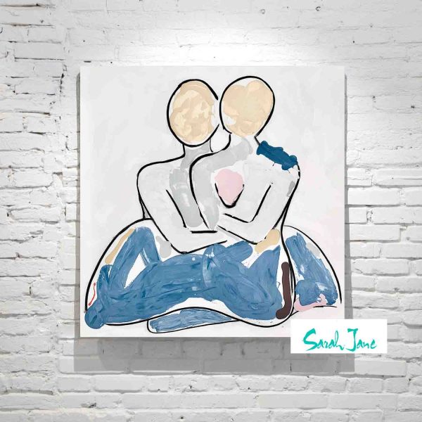 Sarah Jane Artist Australia Modern Abstract Painting Figurative Couple Sitting Hugging Soft Colours Bodyline Ix