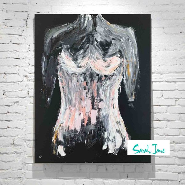Australian Artist Sarah Jane Modern Painting Figurative Woman Pink White Tones Black Canvas Titled Isolation Ii