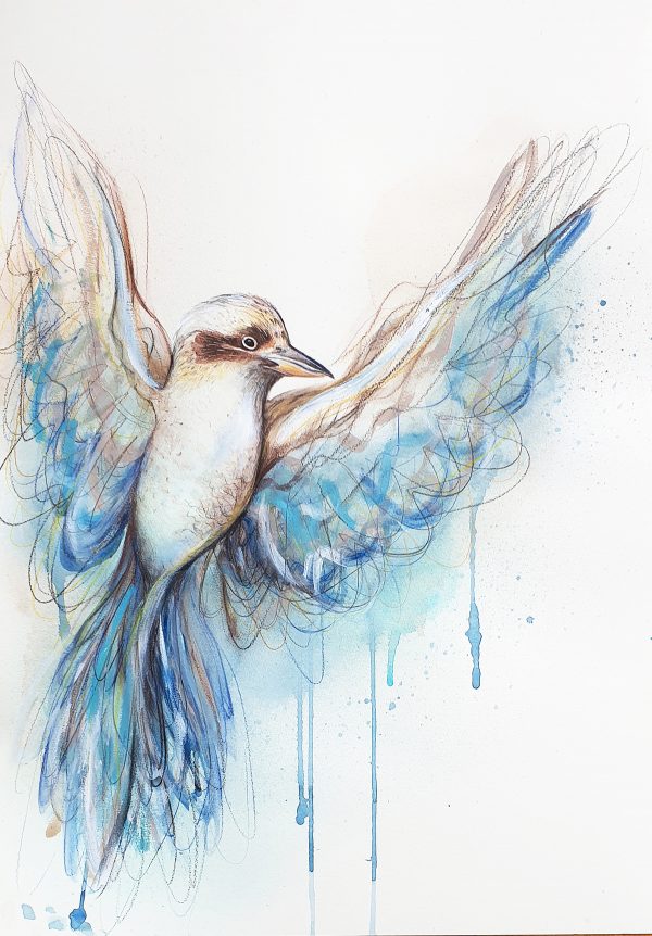 Artist Leni Kae Flight Of The Blue Winged Kookaburra Watercolour Bird Art Copyright 2 Sm