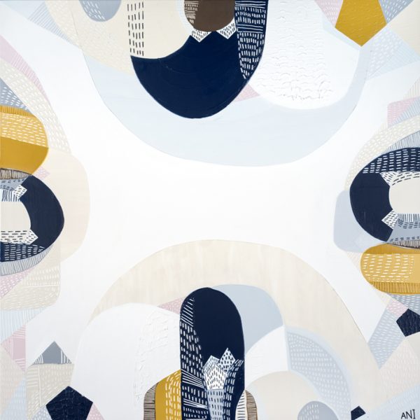 Pouf And Wooden Table In Modern Living Room With Painting Above