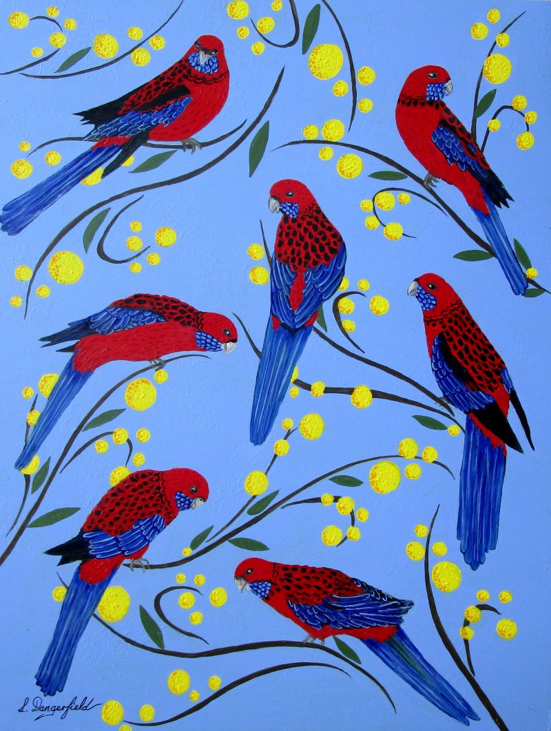 Crimson Rosellas In Wattle