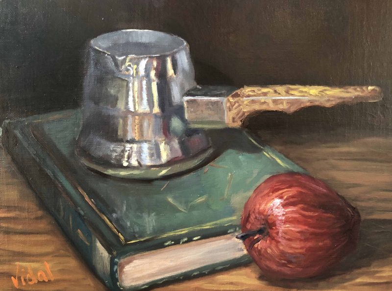 Turkish coffee pot, apple, green book  – still life