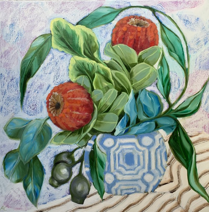 Waratah Banksias and the Blue Geo Vase