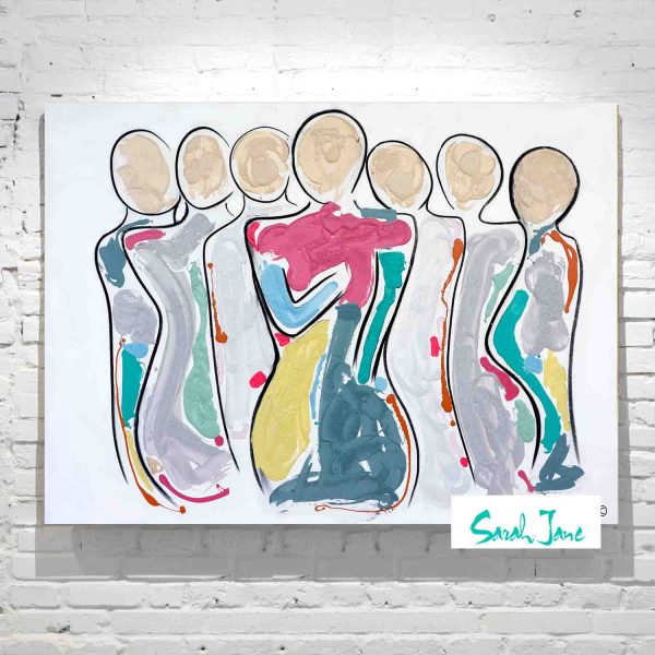 Figurative Abstract Painting Woman Surrounded By People Bright Colours Titled Bodyline Bold Ii Artist Sarah Jane